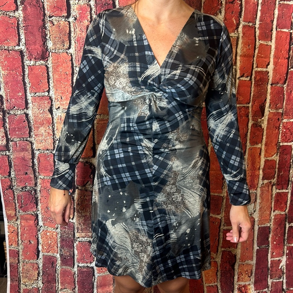 Papillon Blanc Womens Dress Size M Blue Printed Knee Length Long Sleeve